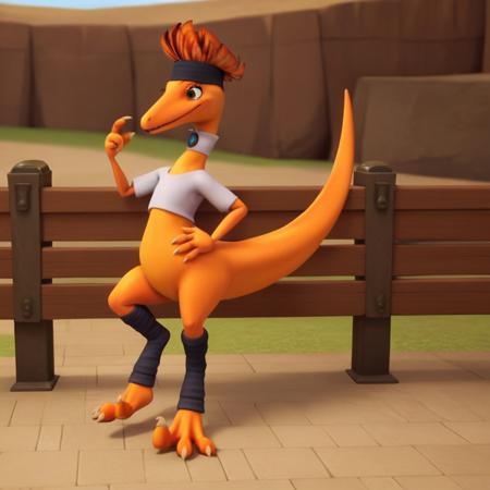 dtmrsconductor, feral, female, Troodon, Theropod, orange skin, feather hair, dinosaur white shirt, headband, leg warmers red hat