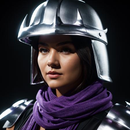 Hyperrealistic art of  <lora:Super Shredder SD1.5:1.2>
super shredder a woman in a costume with a helmet and a purple scarf, Extremely high-resolution details, photographic, realism pushed to extreme, fine texture, incredibly lifelike