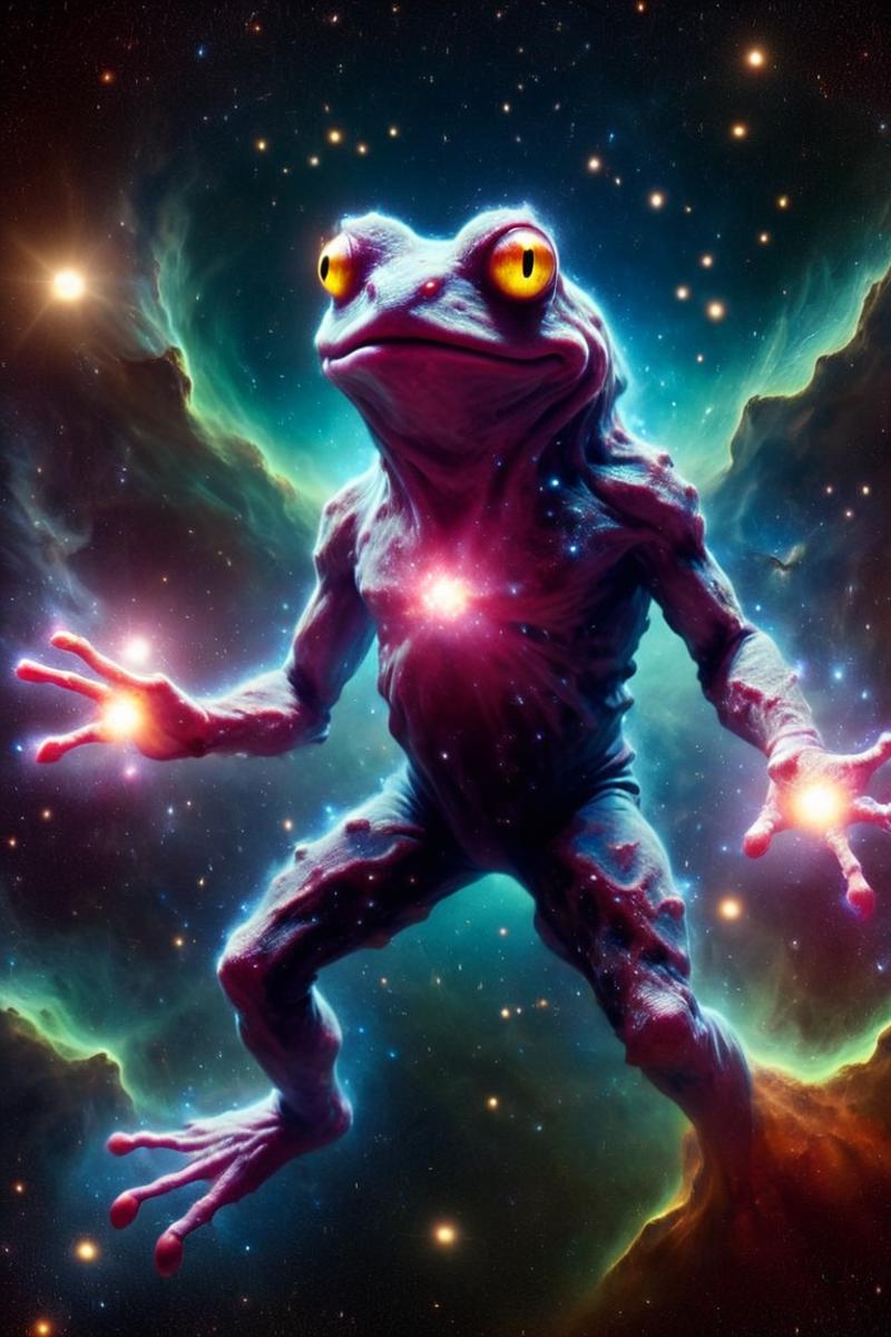 A frog with large yellow eyes and a green body stands in front of a blue background with stars and galaxies.