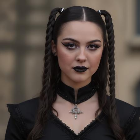 photo of (ohwx woman) as Wednesday Adamas, wearing gothic clothes, braided pigtails, in a castle, sharp focus, looking at the camera, makeup, cinematic look, <lora:OliviaRodrigo:1>