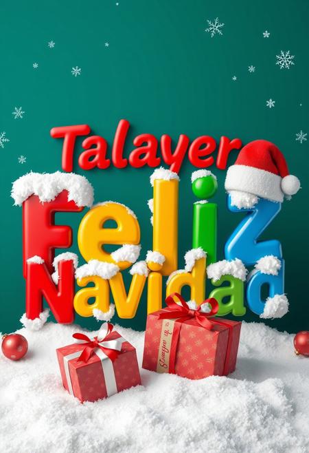 This image is a digitally created Christmas-themed artwork featuring the phrase ( " Talayero Feliz Navidad ") in large, colorful, three-dimensional letters. The letters are adorned with fluffy white snow, giving them a festive, wintery appearance. Each letter is a different color: red, green, yellow, and blue,with the "n"  sporting red Santa hats . The background is a deep teal color, with subtle snowflakes and small, shiny red and gold ornaments scattered throughout, adding to the holiday feel. At the bottom of the image, there are two wrapped gifts in red and gold paper with white ribbons, placed on a layer of white snow. The overall style is vibrant and playful, with a focus on the festive elements of Christmas, including the snow, ornaments, and the Santa hat. The image exudes a cheerful, holiday spirit, perfect for a Christmas greeting card or festive decoration.
