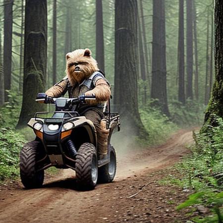 A full body photo of an Ewok on Endor, it's carrying an Uzi and riding an ATV, 
It looks cute and adorable yet fierce at the same time, The Ewok equivalent of Rambo, funny, 
highest quality, exceptional accuracy and realism,