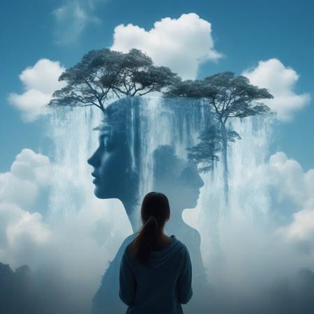 abstract Forest style waterfalls inside the silhouette of a woman in the lead which is a double exposure photograph. very detailed, very realistic photography, blue sky background with cumulus clouds