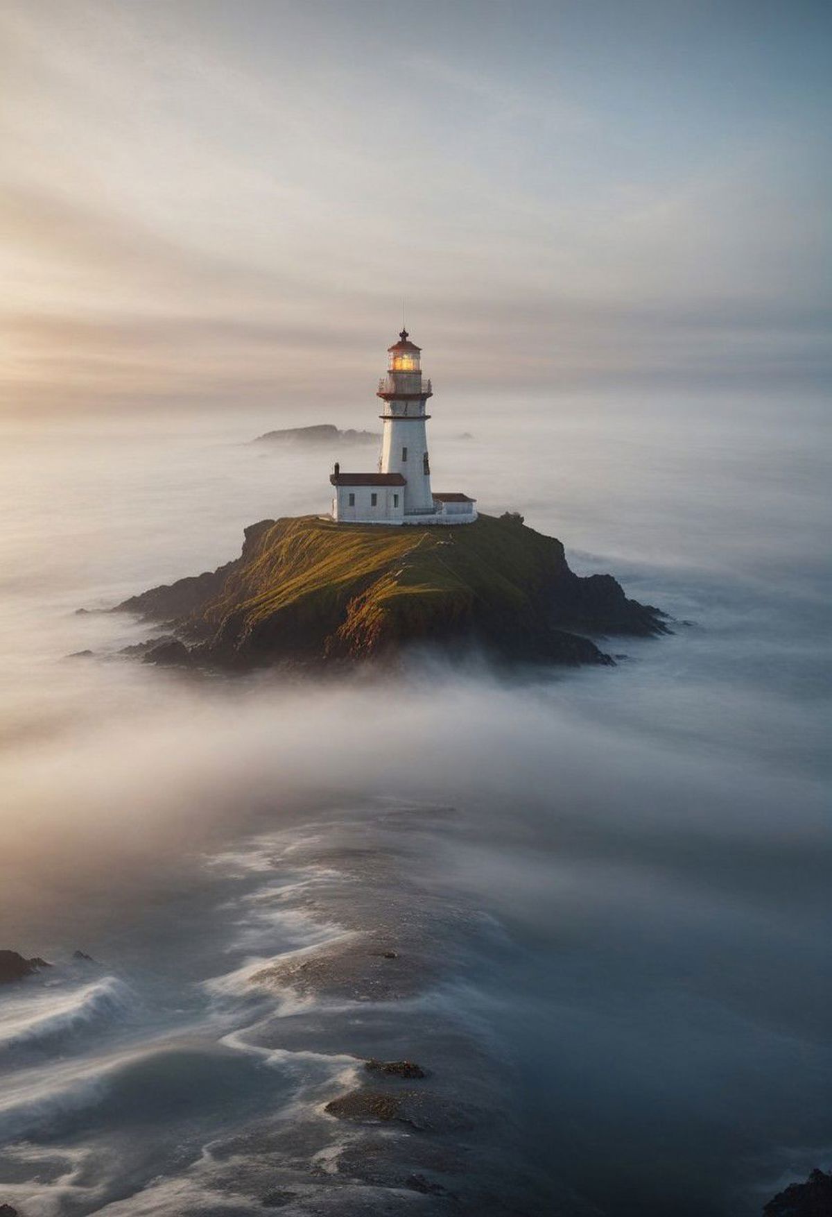 A lighthouse on a rocky island in the foggy ocean.