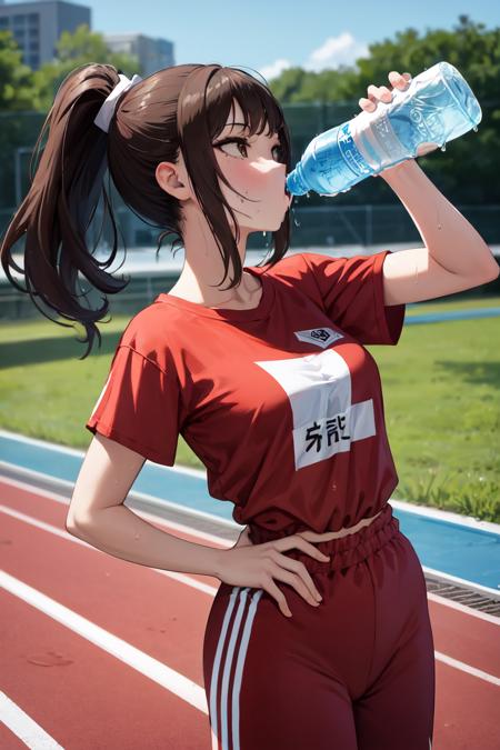 masterpiece, best quality, absurdres, perfect anatomy, 1girl, solo, Chugging, water bottle, brown hair, ponytail, sweat, t-shirt, track pants, outdoors, <lora:Chugging:1>