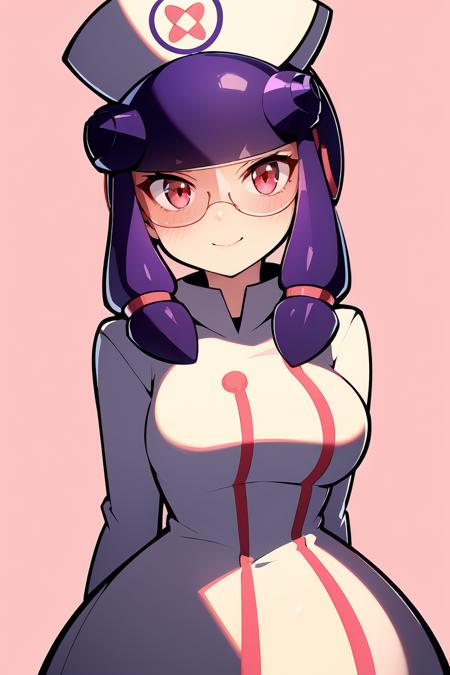 Meddy.Exe,  Netnavi_MM,  purple hair,  nurse cap,  visor,  pink-tinted eyewear,  red eyes,  sidelock,  space clothing, <lora:EMS-53386-EMS:0.800000>, , <lora:EMS-10484-EMS:0.800000>