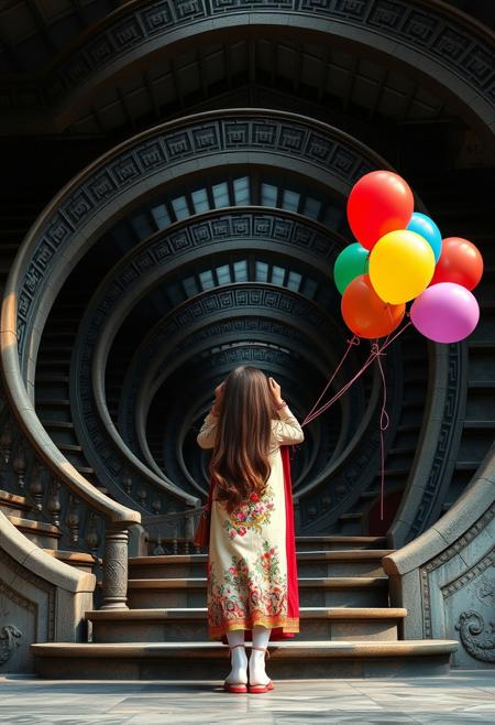 a photorealistic image, 4K, absurdres, amazing quality, hires, 1girl is standing in front of complicated stairs, helical stairs, holding colorful balloons, long hair, wearing traditional cloths,