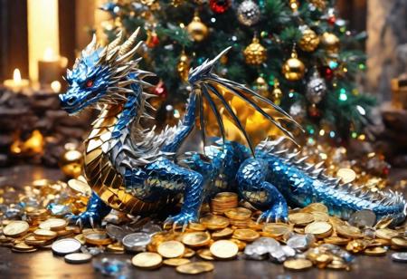 blue shards dragon siting next to a pile of (gold coins) (silver coins) (colorful crystal gems), under a Christmas tree, highly detailed clean, beautiful detailed intricate, 8K,