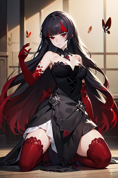 1girl,long hair,solo,red eyes,(kneeling:1.5),black hair,multicolored hair,gloves,red hair,(thighhighs:1.3),black dress,elbow gloves,red gloves,full body,very long hair,bug,looking at viewer,black thighhighs,butterfly,bangs,high heels,streaked hair,black footwear,two-tone hair,