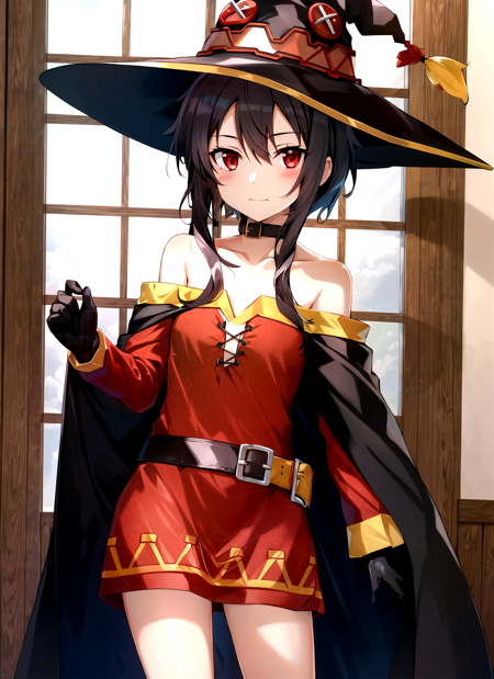 bunbun <lora:bunbun_offset:1>, masterpiece, best quality, megumin, 1girl, bare shoulders, black cape, black gloves, black hair, cape, choker, collarbone, dress, hair between eyes, hat, long sleeves, looking at viewer, medium hair, off-shoulder dress, off shoulder, red dress, red eyes, sidelocks, solo, witch hat, indoors,