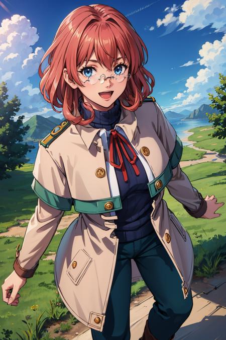 masterpiece, best quality,  <lora:dorothy-nvwls-v1-000008:0.9> dorothy hyatt, glasses, coat, blue turtleneck sweater, green pants, :D, from above, looking at viewer, sky, clouds