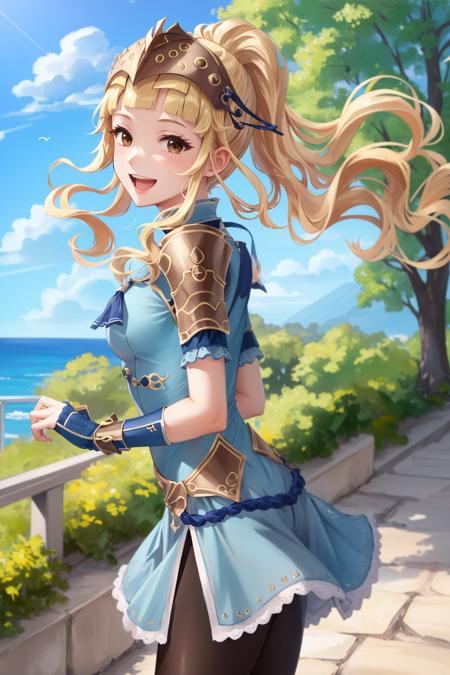 masterpiece, best quality, clair, helmet, blue dress, shoulder armor, gloves, black pantyhose, from side, hair blowing in the wind, smile, open mouth, sky, in midair <lora:clair-nvwls-v1-000012:0.9>