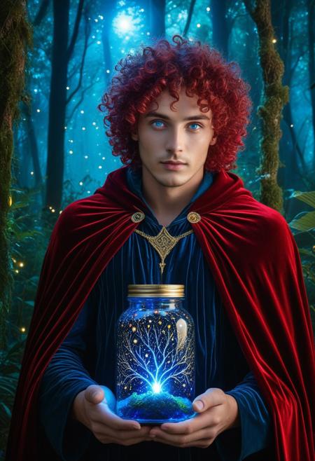 (Masterpiece, Best Quality, Ultra-Detailed: 1.3), RAW photo, 8K UHD,
1 adult male, mystical heterochromia (gold/azure), undulating crimson curls, ethereal and luminescent skin, petite figure, velvet cape with constellation motifs,
[Enchanted forest, bioluminescent plants], [Fireflies captured in a glass jar],
mystical atmosphere, volumetric rays, intricate details