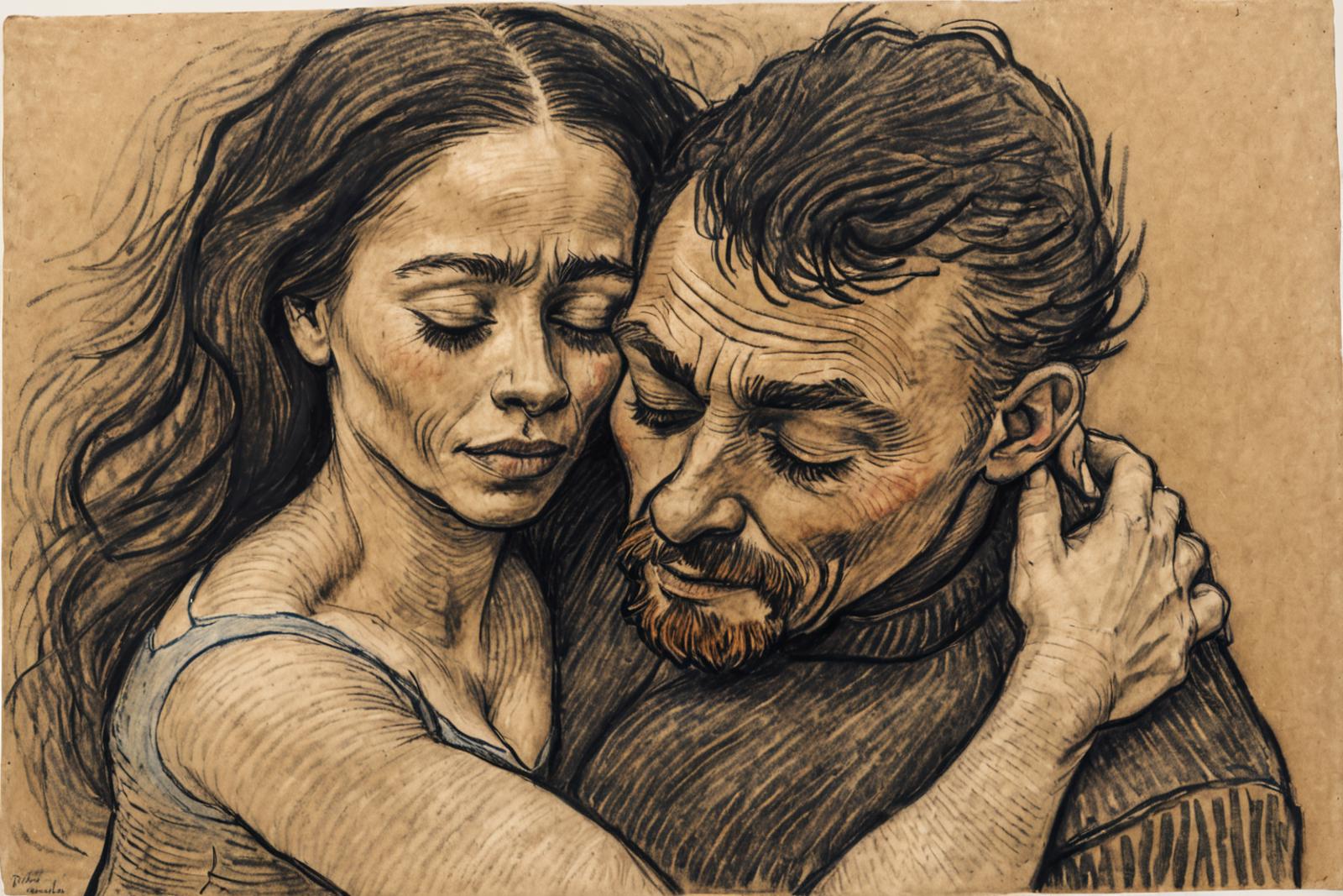 A drawing of a man and a woman hugging each other.