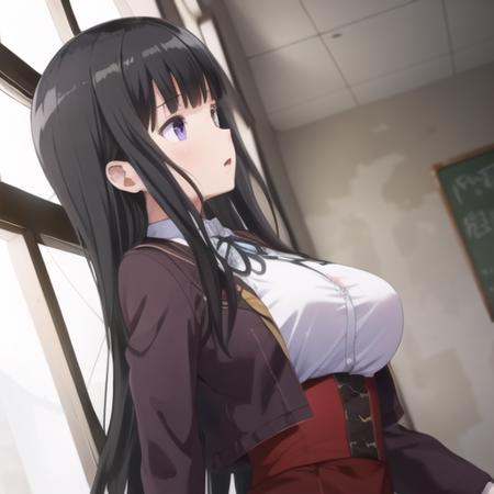 (masterpiece, best quality:1.2),illustration,8k,hd,1girl,solo,long_hair,bangs,shirt,black_hair,ribbon,school_uniform,purple_eyes,jacket,white_shirt,blunt_bangs,black_ribbon,neck_ribbon,hime_cut,red_skirt,very_long_hair,medium_breasts,high-waist_skirt,<lora:Kotoko Miura-V1:0.8>,