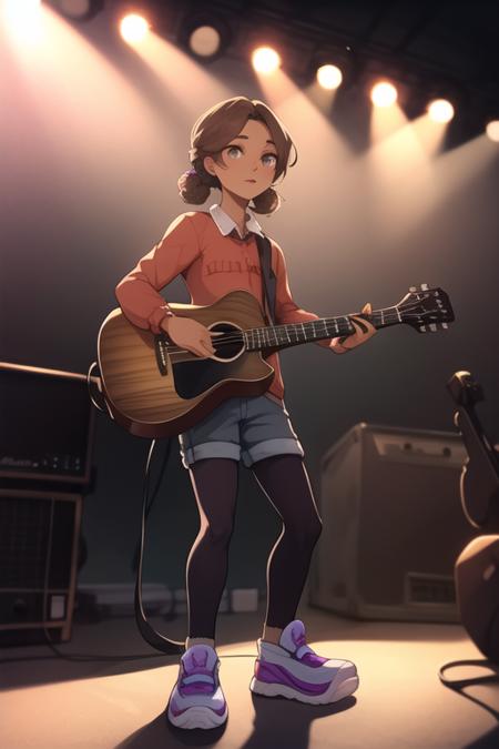 <lora:fnaf cassie-06:1> cassie, full body, standing on stage, concert, playing guitar, holding orange remote, detailed background, detailed shading, detailed ambient light, detailed background, masterpiece,