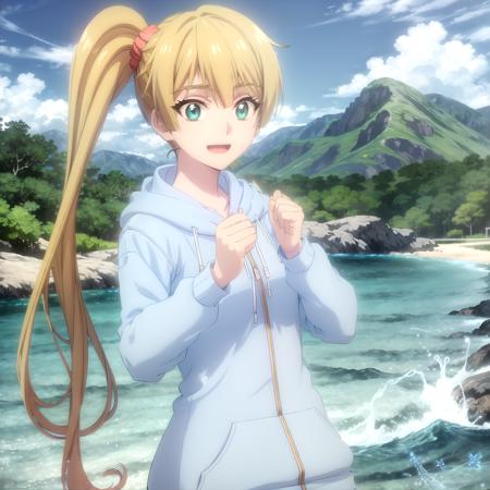 <lora:kirei_shinobi_v1b(outall-sv20-finetuning):1> ocean, beach, mountain, day, blue sky, cloud
BREAK
kirei_olis, 1girl, solo, long hair, blonde hair, side ponytail, green eyes, orange scrunchie, blue hoodie, looking at viewer, smile, open mouth