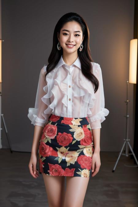 ((Masterpiece, best quality, cinematic lighting, 8k, full body shot, long hair)), (smile:0.85), (realistic scenic background)
<lora:Ruffled_Office_Dress_By_Stable_Yogi:1> ruffled shirt, floral print pencil skirt