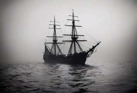 Craft a cinematic scene of a brig navigating through misty waters towards an unknown island. Capture the dramatic silhouette of the boat against the hazy horizon, evoking a sense of mystery and anticipation as it approaches the shores Low-key lighting Style