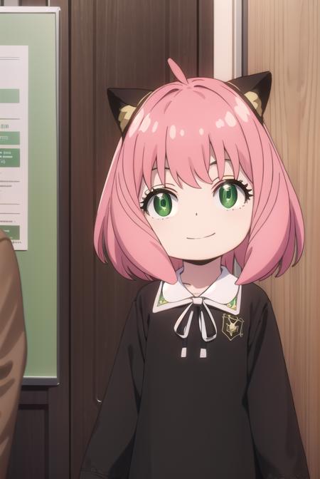 anyaforger, <lora:anya forger s1-lora-nochekaiser:1>,
anya forger, bangs, (green eyes:1.5), pink hair, ahoge, hair ornament, smile, child, female child,
BREAK long sleeves, dress, school uniform, socks, black dress, eden academy school uniform,
BREAK indoors, classroom,
BREAK looking at viewer, (cowboy shot:1.5),
BREAK <lyco:GoodHands-beta2:1>, (masterpiece:1.2), best quality, high resolution, unity 8k wallpaper, (illustration:0.8), (beautiful detailed eyes:1.6), extremely detailed face, perfect lighting, extremely detailed CG, (perfect hands, perfect anatomy),