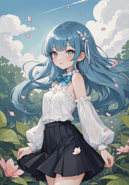 masterpiece, best quality, ultra-detailed, illustration, 1 girl, solo, an extremely delicate and beautiful, little girl, beautiful detailed sky, beautiful detailed eyes, side blunt bangs, hairs between eyes, ribbons, bowties, bare shoulders, small breasts, blank stare, pleated skirt, close to viewer, breeze, Flying splashes, Flying petals, wind, forest, epic clouds, (fine fabric emphasis:1.4),(watercolor:0.6), black eyes, blue hair