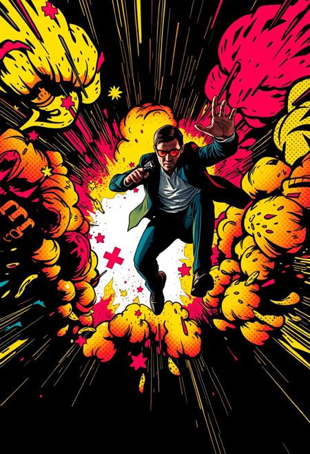An extreme macro close-up of a Mission Impossible scene in Pop Art style: The protagonist leaps through vibrant, comic-style explosions in bright primary colors and halftone patterns. Contrasting chiaroscuro lighting, small subject detail, strong contrasts, deep shadows.