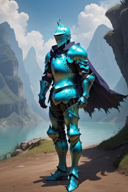 1boy, solo, solo focus, teenage, wear medium armor, aqua color armor theme, spiked helmet, outdoor, cape, beautiful scenery in the background, fantasy style, knight, armor, helmet, body straight to viewer, front body view, full body