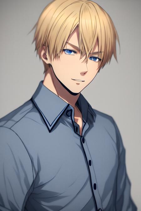 anime,1boy,blonde hair, male focus, blue eyes, shirt, collared shirt, formal, upper body, solo,best quality, masterpiece, <lora:shima920-000010:1>