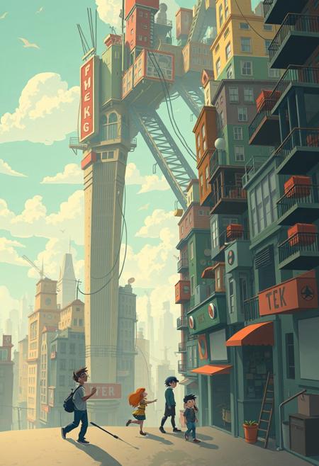 A quirky, stylized city where buildings stretch impossibly into the sky, with playful, exaggerated characters interacting in fluid style, yet the lighting and textures evoke surreal softness., whimsical surrealism with bold cartoon energy, vibrant graphic figures in soft painterly dreamscapes, playful exaggerated character design blending into quiet poetic realism, muted nostalgic color palettes with strong outlined shapes, high-energy motion with contemplative surreal storytelling