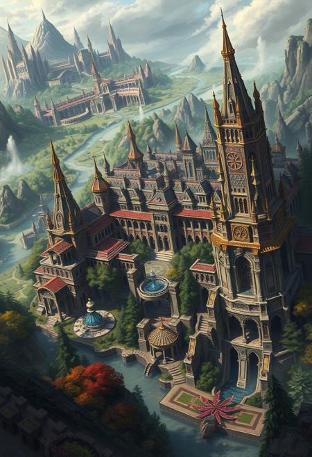 a breathtakingly detailed, high-contrast, ultra-high-resolution digital image of a sprawling, majestic Imperial city set in a fantastical world, with intricate stone architecture, grandiose spires, and majestic archways, surrounded by lush, vibrant forests and meandering rivers, with minute details such as ornate fountains, intricate mosaics, and regal crests, rendered in a mix of traditional and digital media, with bold, expressive lines, and a predominantly muted color palette with splashes of gold, crimson, and cerulean, accented by subtle, atmospheric lighting and misty ambient effects, conveying a sense of grandeur, mystery, and ancient history.