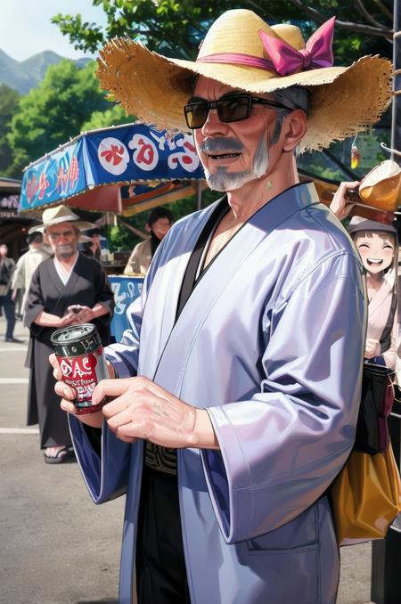 masterpiece, best quality, ultra-detailed, illustration,
older man, (mascular male:1.8), Fine macho, silver hair,  short cut, sunglasses, cowboy hat, hold beer can, kimono, yukata, laughing, thumbs up, 
omatsuri, food stand, food, outdoors, scenery, multiple girls, tree, holding, standing, 
<lora:omatsuri_V4_1.0_OUTD_Resize_DIM8:1>