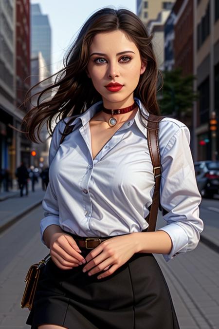 photo of <lora:anniesorrell-10:0.7>, anniesorell,a beautiful cute gorgeous woman with ((pale skin, hair up, hair in bun):1.1),((pale skin, black hair):1.1), ((cowboy shot, waist, hips, thighs):1.2), ((collared dress shirt, choker, skirt):1.2),((walking,outdoors, city street, at night):1.2),((detailed face, beautiful face, detailed eyes, beautiful eyes):1.1), ((red lipstick, eyeliner, eye shadow):1.2),((best quality, masterpiece, extreme details):1.2) ((detailed eyes, detailed face):1.2),modelshoot style, (extremely detailed CG unity 8k wallpaper), photo of the most beautiful artwork in the world, professional majestic (photography by Steve McCurry), 8k uhd, dslr, soft lighting, high quality, film grain, Fujifilm XT3 sharp focus, f 5.6, High Detail, Sharp focus, dramatic