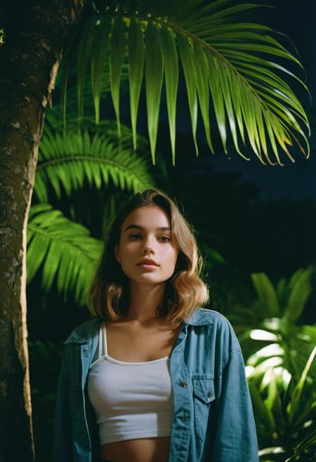 realistic photo, 1girl, analog film photo, upper body, outdoor, 25yo,  ultra realistic, highres, solo,  tropical forest, chill vibe, masterpiece, best quality, night city, outdoors