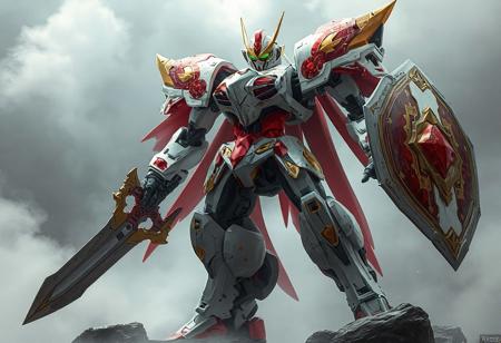 "Exquisitely detailed Damage Mage robot stands poised for battle against a Altar of Mist background, showcasing a predominantly white body adorned with accents of red and gold. The robot's arms and legs are a striking combination of red and gold, with a sword in its right hand and a shield in its left. The image presents a highly detailed and colorful details of a robot, ready for action in 4K, exceptional quality, and vivid emotions. (Trending on Artstation, James Gurney-inspired color balance and lighting)"