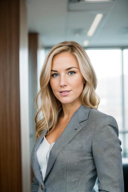 RAW photo of psjwl, Confidently wearing a Pantsuit and classic pumps in a law firm's headquarters, closeup portrait, blonde hair, (high detailed skin:1.2), 8k uhd, dslr, soft lighting, high quality, film grain, Fujifilm XT3, <lora:psjwl:1>