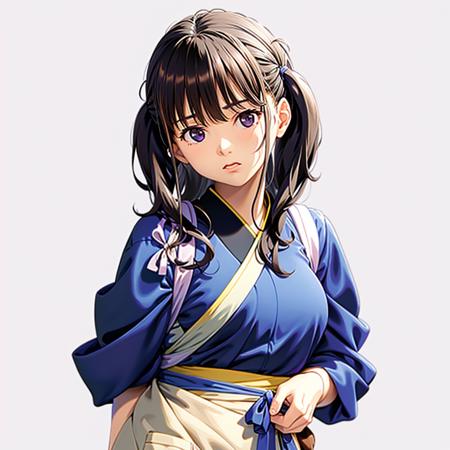 masterpiece, best quality,ly bfln, 1girl, inoue takina, solo, japanese clothes, kimono, purple eyes, black hair, blue kimono, twintails, tasuki, long hair, bangs, looking at viewer, breasts, simple background,kbxll