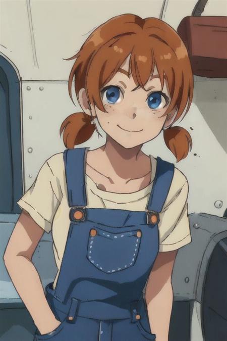 blue eyes, orange hair, 1girl, freckles, Miharu_Imai, MiharuImai, bangs, brown hair, overalls, smirk