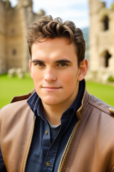 raw photo of a handsome young man, looking at the camera, in knights armor, castle ruins in the background, close up, 8k uhd, fujifilm xt3