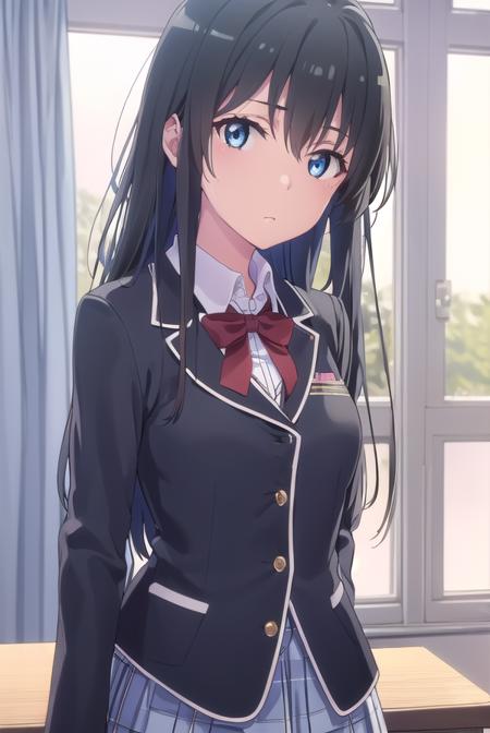 yukinoyukinoshita, <lora:yukino yukinoshita s2s3-lora-nochekaiser:1>, 
yukino yukinoshita, black hair, blue eyes, long hair, ahoge, (small breast:1.2),
BREAK blazer, cardigan, jacket, plaid, plaid skirt, school uniform, skirt, sobu high school uniform,
BREAK indoors, classroom,
BREAK looking at viewer, (cowboy shot:1.5),
BREAK <lyco:GoodHands-beta2:1>, (masterpiece:1.2), best quality, high resolution, unity 8k wallpaper, (illustration:0.8), (beautiful detailed eyes:1.6), extremely detailed face, perfect lighting, extremely detailed CG, (perfect hands, perfect anatomy),