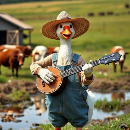 Anthropomorphic Goose wearing overalls and straw hat playing a bango, on a farm, pond in background, cows in background