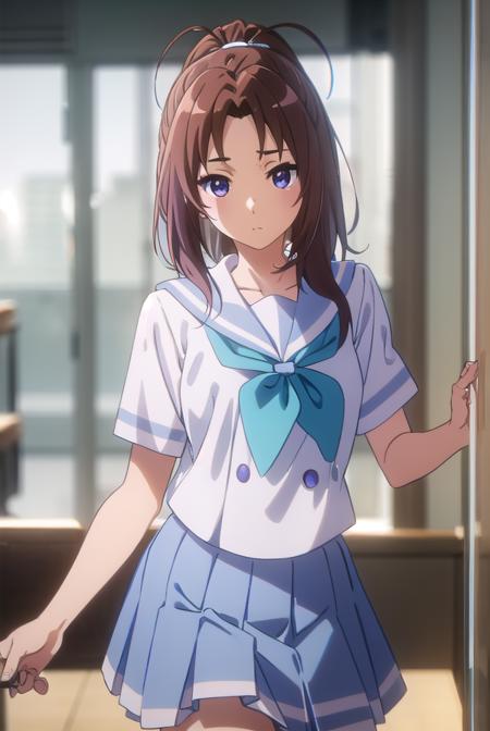 natsukinakagawa, <lora:natsuki nakagawa s2-lora-nochekaiser:1>,
natsuki nakagawa, nakagawa natsuki, long hair, brown hair, (purple eyes:1.2), ponytail, (parted bangs:1.5),
BREAK skirt, shirt, school uniform, white shirt, short sleeves, pleated skirt, serafuku, sailor collar, blue skirt, neckerchief, blue sailor collar, school bag, blue neckerchief, kitauji high school uniform,
BREAK indoors, classroom,
BREAK looking at viewer, (cowboy shot:1.5),
BREAK <lyco:GoodHands-beta2:1>, (masterpiece:1.2), best quality, high resolution, unity 8k wallpaper, (illustration:0.8), (beautiful detailed eyes:1.6), extremely detailed face, perfect lighting, extremely detailed CG, (perfect hands, perfect anatomy),