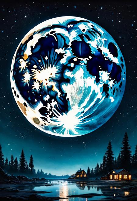 hyperrealism watercolor oil illustration. GIGANT NUMBER THREE, large full moon, stars, detailed matte painting, deep color, fantastical, intricate detail, splash screen, complementary colors, fantasy concept art, 8k resolution trending on Artstation Unreal Engine 5