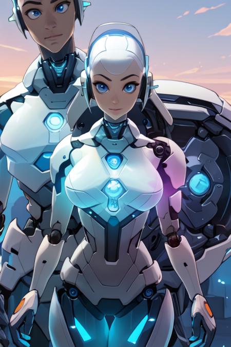 (best quality:1.3), (masterpiece:1.3), (detailed:1.2), distinct image, (Cowboy shot), BREAK Solo, looking at viewer, Tapered body, Half-Up Half-Down blue eyes, Sheer Sleeve natural volumetric lighting, Artistic Background,Gwendolyn_Tennyson , robot, android