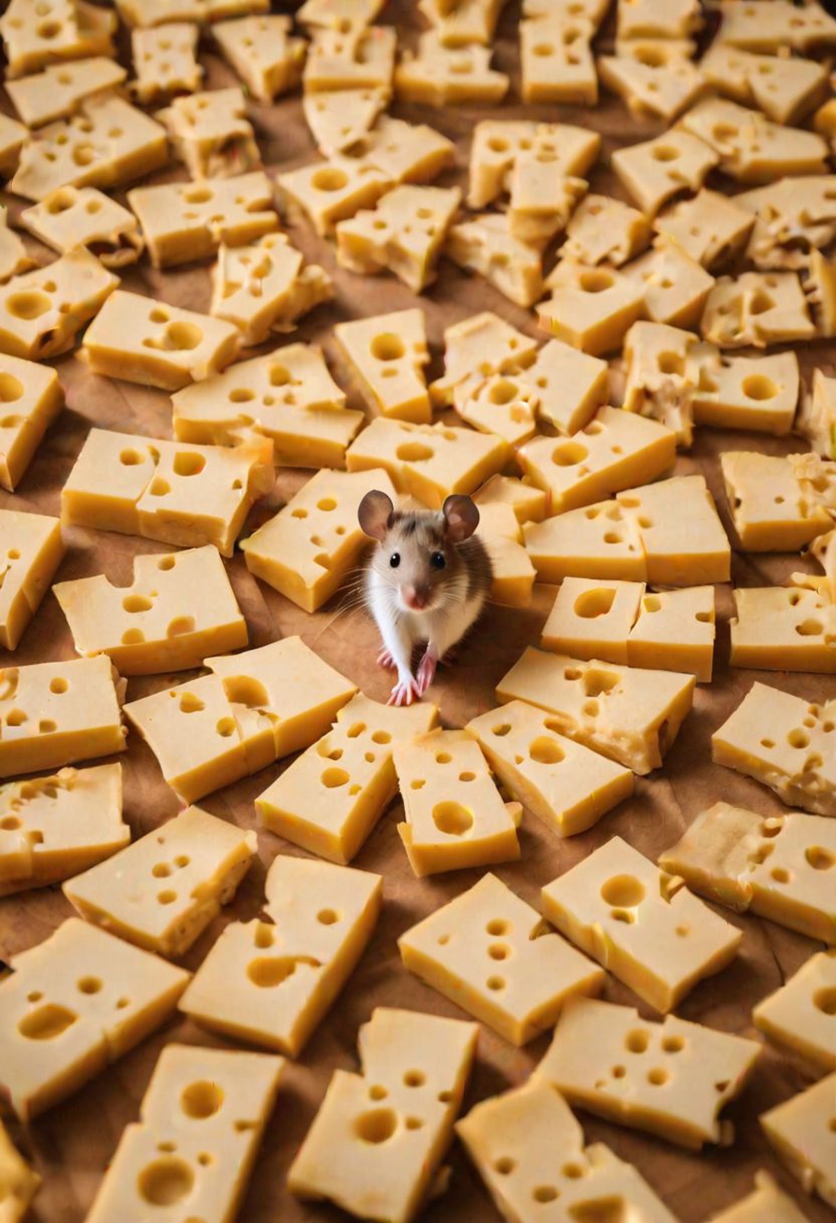 mouse surrounded by mousetraps with cheese inside, view from above