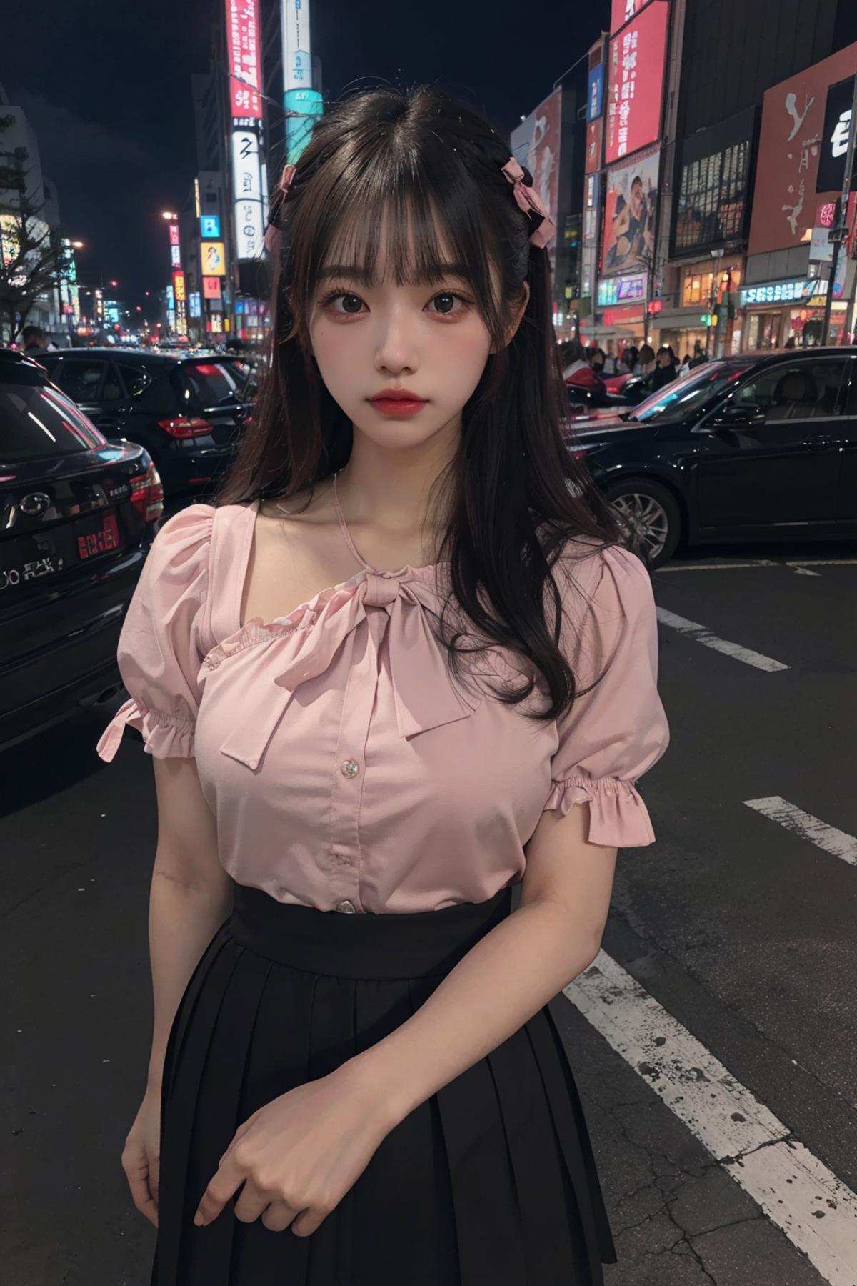 Woman in Pink Shirt with Black Skirt Posing in Busy City Street.