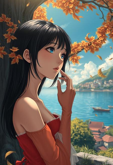 (photorealism:1.5)
Tomie Kawakami from Junji Ito collection,  thoughtful expression, gazing at the majestic tree, falling leaves,  calm coastal village in the background, warm sunlight, vibrant colors, high contrast, hyper-realistic, serene atmosphere, pensive pose, detailed, high-definition, reflective mood, peaceful setting, torn dressm long black hair, blue eyes
slight freckles, long eyelashes, thick eyebrows, torn pelvic sheer curtain, bridal gauntlets, torn red dress