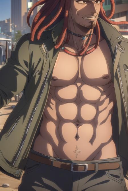 brawler, (brown eyes:1.5), male focus, red hair, facial hair, hair tubes, navel, jacket, open clothes, belt, pants, open jacket, abs, green jacket,