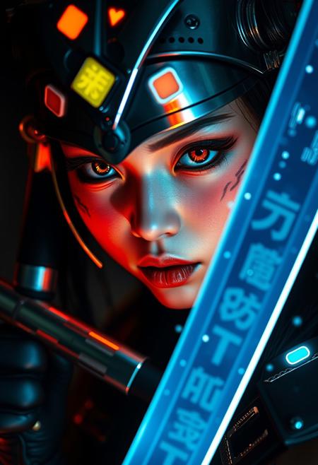 Extreme close-up of a cybernetic samurai holding a glowing sword. Sharp metal meets soft synthetic flesh. Silicone skin. Sexy attire. Preternatural beauty. Cute heart-shaped face, glowing eyes, small chin, puffy lips, metallic mask, bioluminescent tattoos, glowing Chinese runestones, light particles, UV lighting. Hyper-detailed textures. Hyperrealism. Moody, intense atmosphere. Cyberpunk setting.