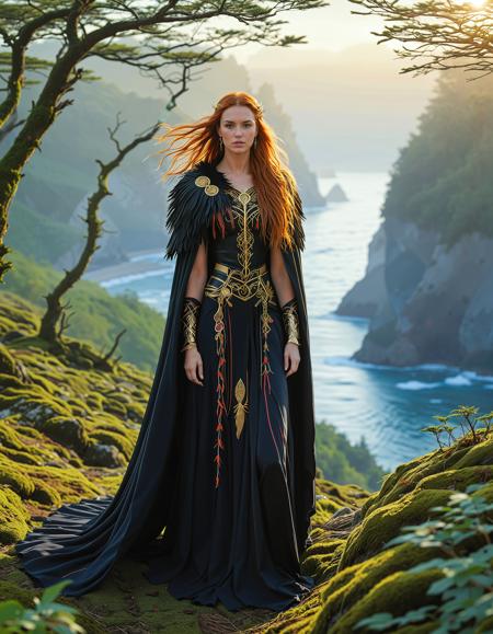 freyja, auburn hair, braided hair, magic, forest, viking queen, mythic beauty, <lora:NBN-Freyja_NordicByNature:0.8>, <lora:NordicByNature:0.8>,Raven,Winged Warrior, A striking nbn-freyja wearing a raven,feathered cloak, standing atop a cliff overlooking the wild Baltic sea.,high quality, film grain, Fujifilm XT3, 8k uhd, dslr, film grain, kodak tri-x 400 film, grain photo DOF, faint lighting, dynamic angle, cinematic, Depth of field, bokeh, best quality, cinematic, light particles, highly_detailed, very_aesthetic, golden hour, beautiful_and_aesthetic clear focus, high resolution image, ,Sexy pose, erotic pose, exhibitionism, ,coral atoll
