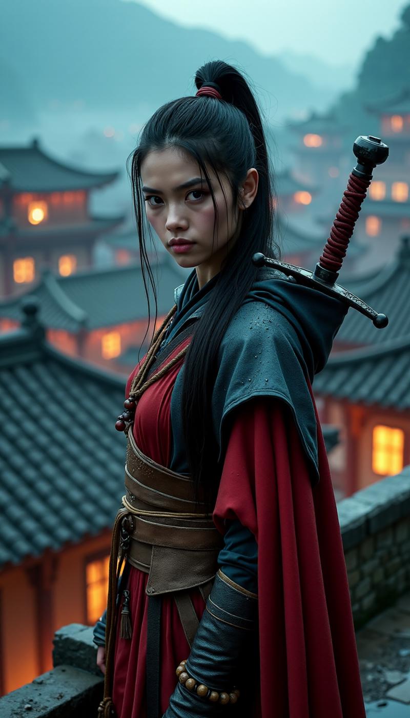 A female warrior with intense gaze stands on a rooftop in a misty Asian-inspired town at twilight. She wears a dark hooded cloak with water droplets, leather straps, a pouch, and two swords on her back. Buildings with traditional architecture and warm lights emitting from within create a moody, atmospheric background. The camera angle is a close-up, focusing on her determined expression.  The overall style is dark fantasy with cinematic lighting.  ,A young woman in a flowing red and gold robe stands against a backdrop of hazy blue mountains. She holds a gleaming silver sword, its hilt intricately detailed. Her dark hair is pulled back in an elegant updo, adorned with red beads. The lighting is soft and ethereal, highlighting the richness of the fabrics and the stoic beauty of the woman. The image evokes a sense of power, mystery, and ancient legends. The style is reminiscent of classical portrait photography.